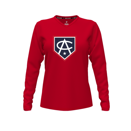 [CUS-DFW-TEES-PER-VNK-LSL-RED-FYXS-LOGO3] Decker Performance T-Shirt (Female Youth XS, Red, V Neck, Logo 3, Long Sleeve)